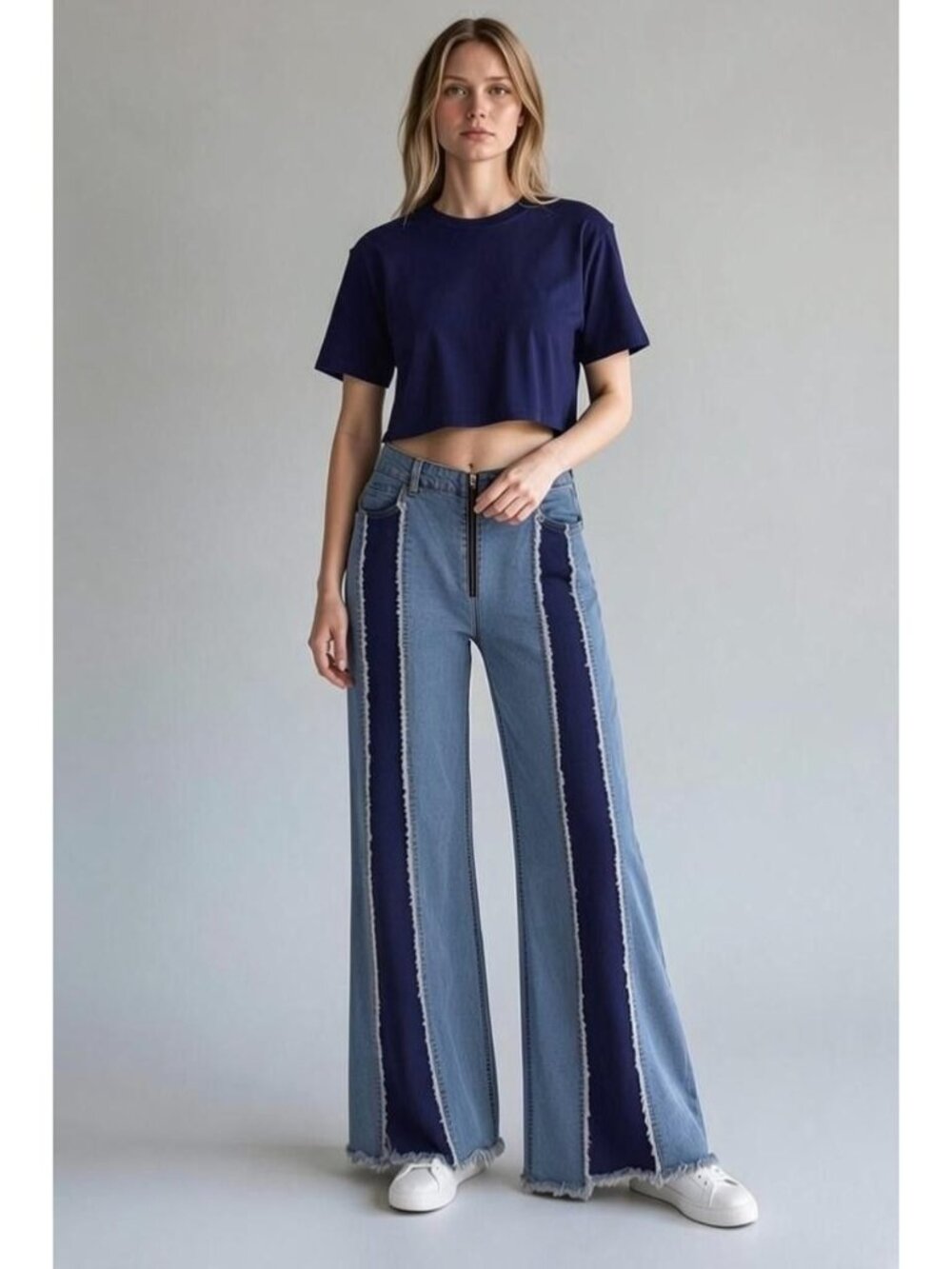 Two Tone High Rise Extreme Wide Leg Jeans Frayed Hems Size 2X Plus Stretch Denim